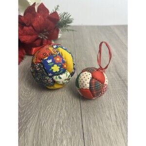 Lot Of 2 Vintage Stuffed Patchwork Ball Christmas Ornaments Calico Quilt